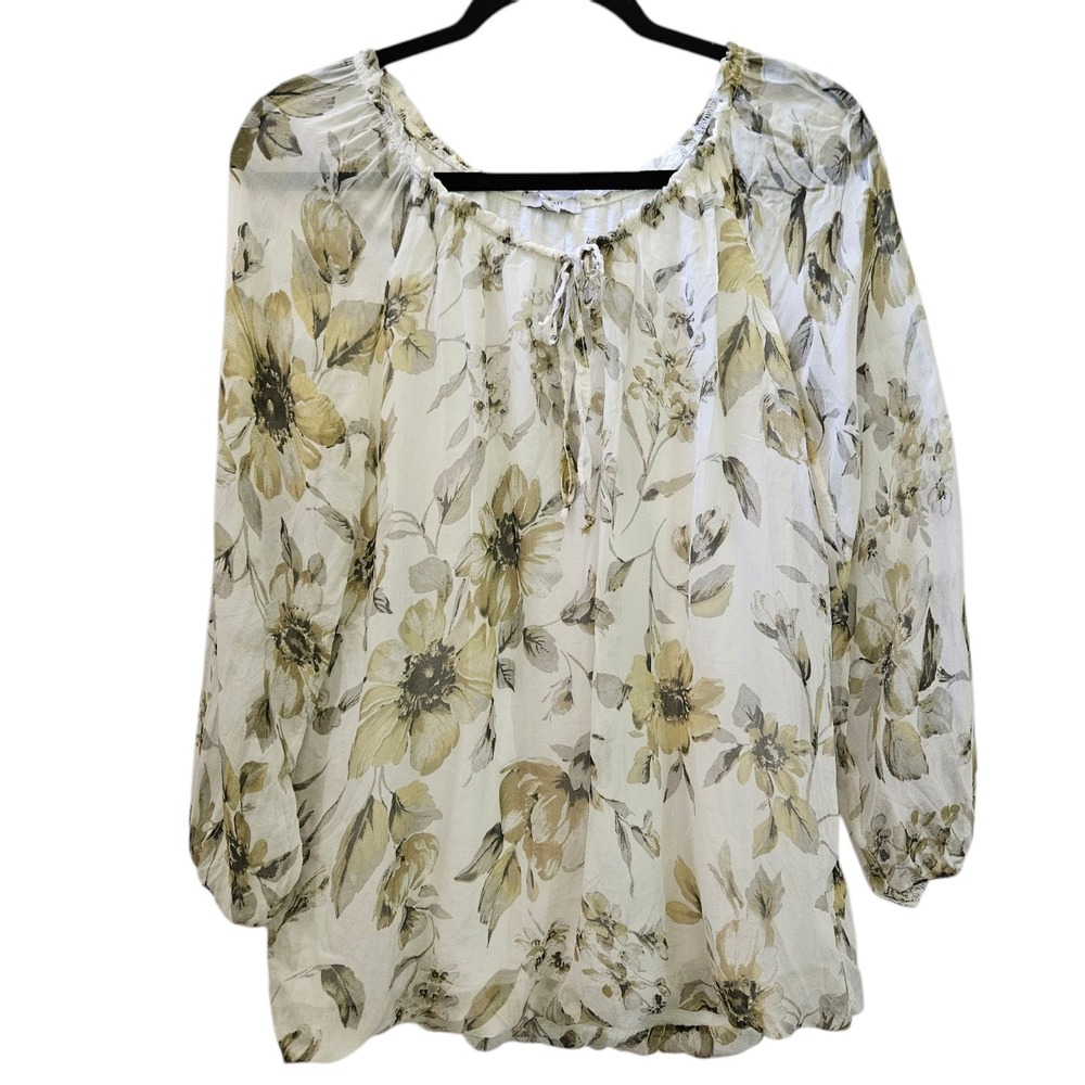 Rosemarine Top S Floral Feminine Ivory Long Sleeve 100% Silk Italy Sheer Peasant